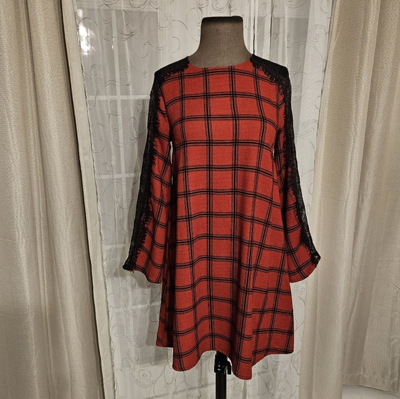 Gianni Bini Red Black Lace Plaid Whimsigoth Business Casual Midi Dress XS - Picture 7 of 16